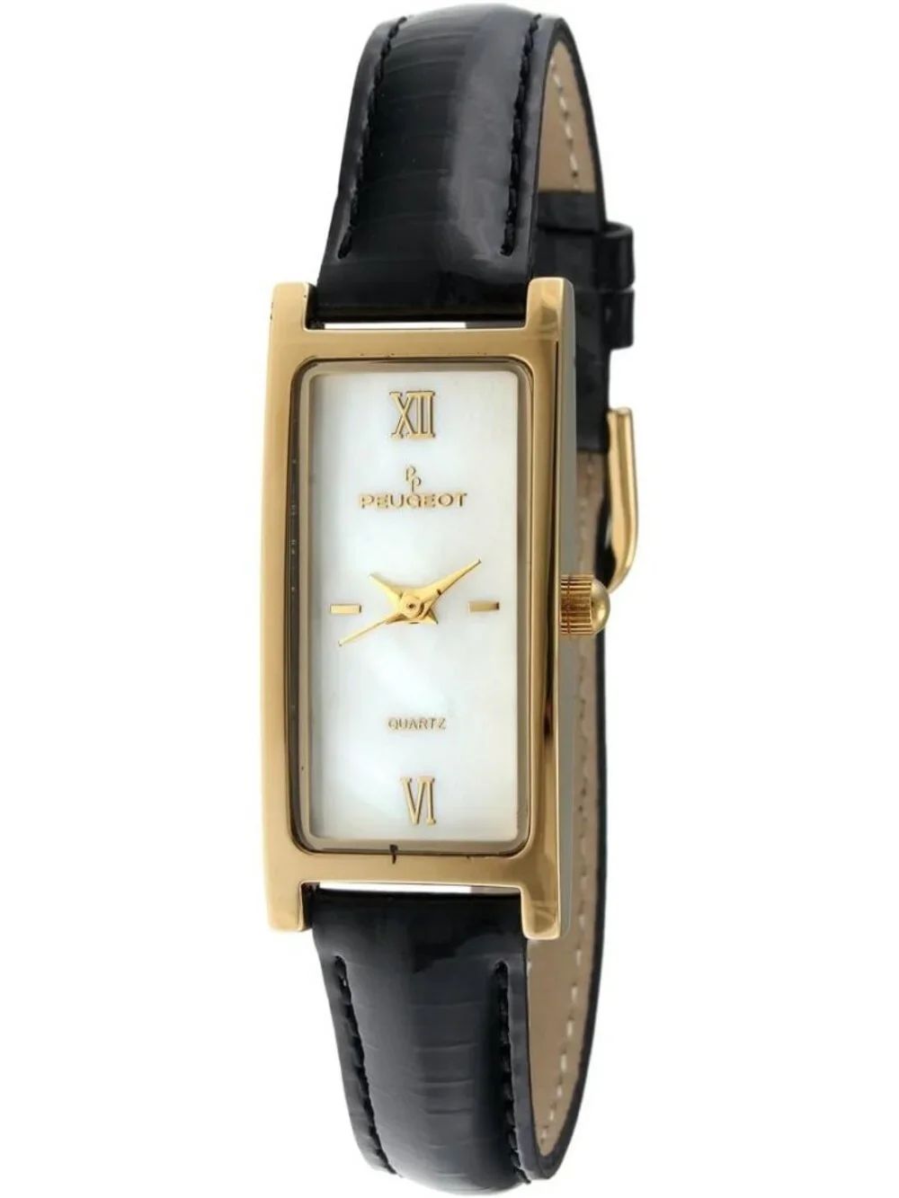 Women's Black Plated Mother of Pearl Face Roman Numeral Leather Thin Strap Watch